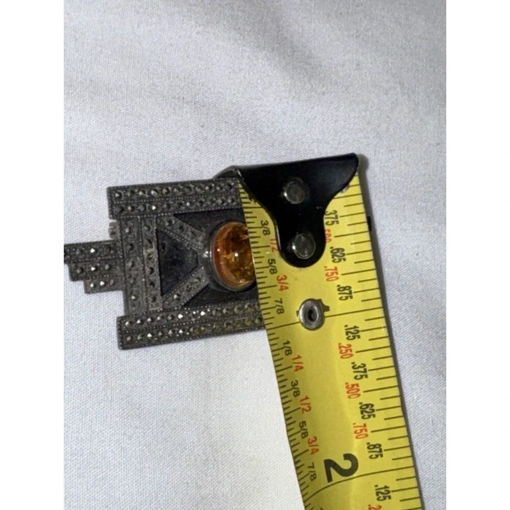 Vintage Art Deco Sterling Silver Marcasite Onyx Amber Cabochon Brooch Pin